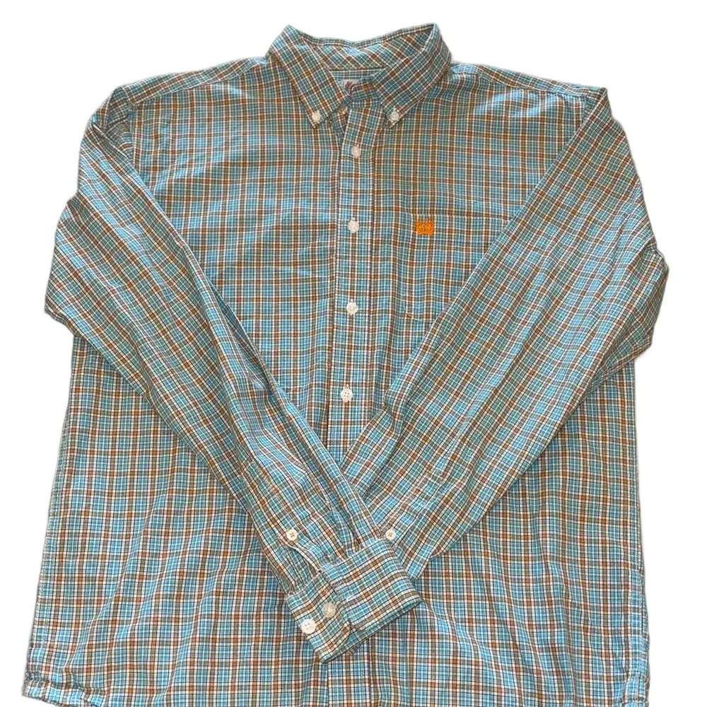 Cinch Boys XXL Teal and Orange Plaid Western Long Sleeve Button Down Shirt